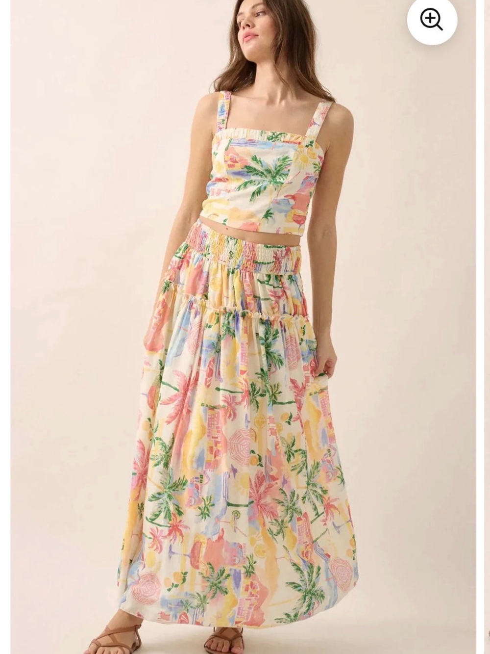 Promesa Tropical Floral Tiered Maxi Skirt in Cream, Pink, Yellow, Green, Blue